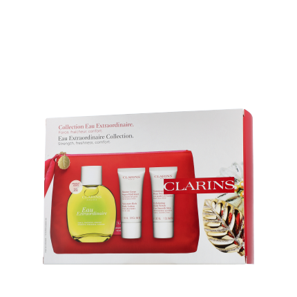 Clarins Eau Extraordinaire Gift Set 100ml Eau Extraordinaire + 30ml Moisture Rich Body Lotion + 30ml Exfoliating Body Scrub + Pouch