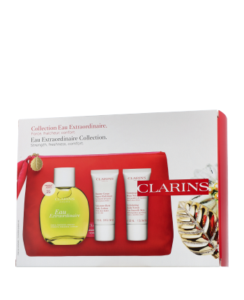 Clarins Eau Extraordinaire Gift Set 100ml Eau Extraordinaire + 30ml Moisture Rich Body Lotion + 30ml Exfoliating Body Scrub + Pouch